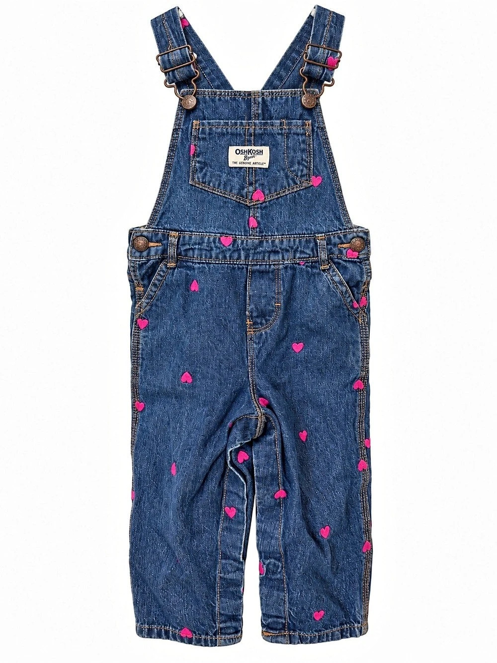 OshKosh B'gosh Girls Pink Heart Embroidered Denim Overalls 18M